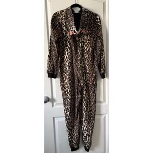 Nick & Nora One Piece Hooded Pajamas Footless Small Leopard Cat Print Full Zip